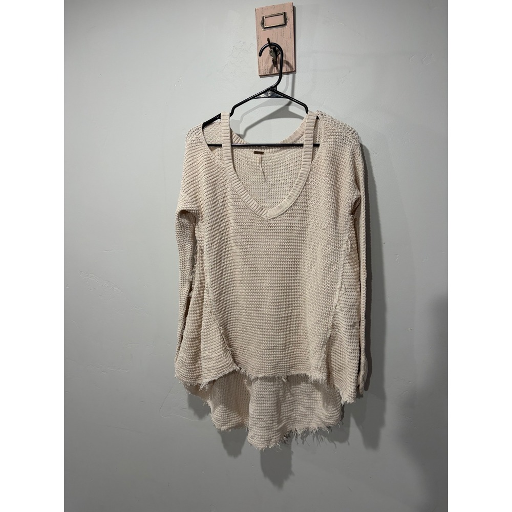 Free People Waffle Knit V-Neck Sweater Cream Ivory Frayed Hem XS Boho Oversized